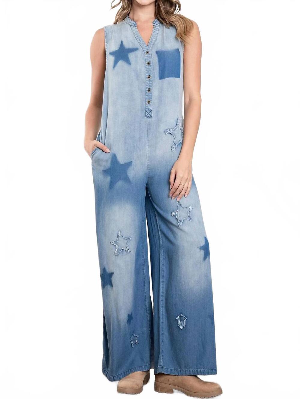 NEW BLUE VELVET rugged stars jumpsuit in blue